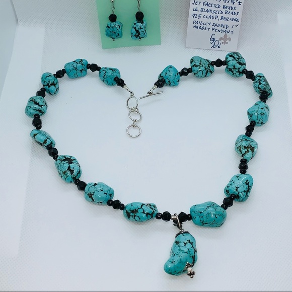 Handcrafted “Paisley” Turquoise Howlite Necklace & Earrings 925 - Picture 3 of 11